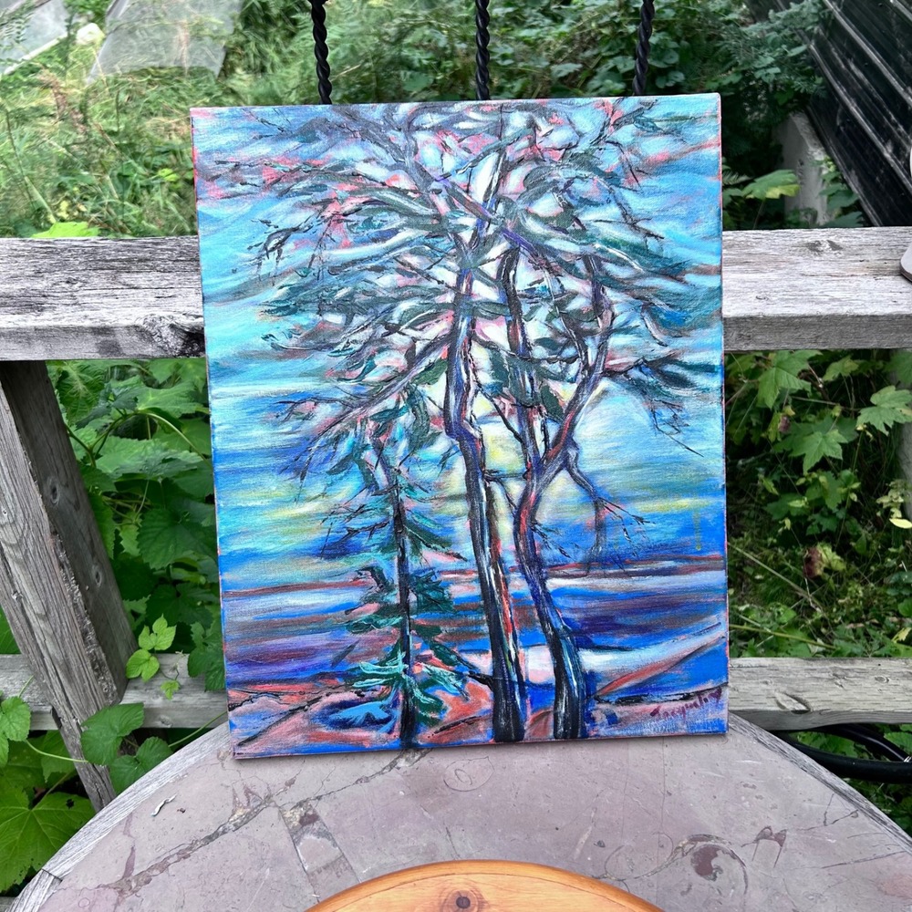Vintage Pine Tree Landscape Oil Painting Large Blue MCM Art Jacqueline